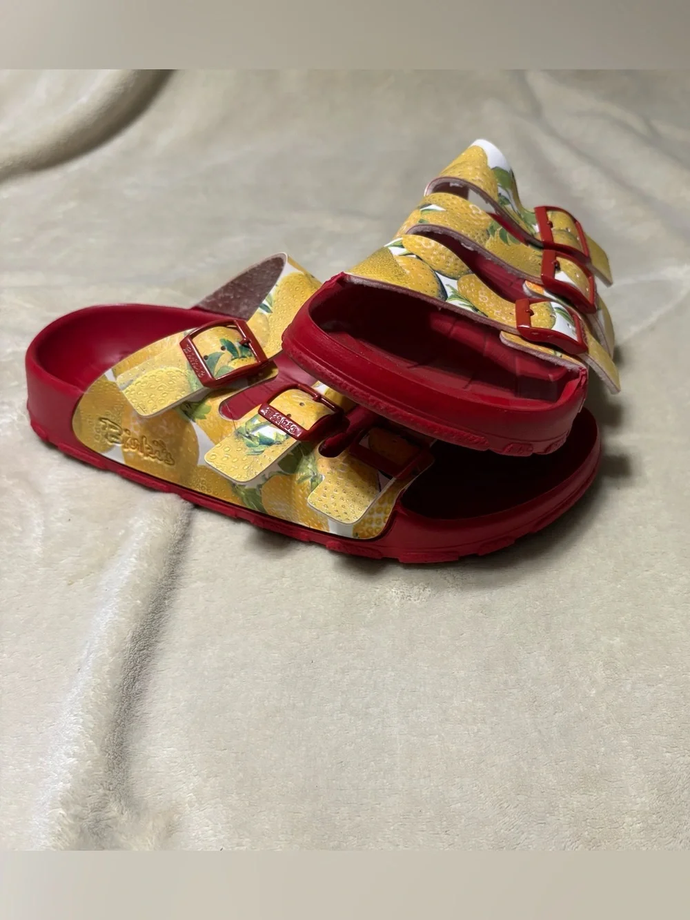 Birkenstock Yellow Fruit-Print Triple Strap Sandals with Red Footbed